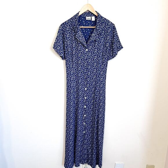 Vintage LL Bean Shirt Dress Size 14 Blue 90s Ditsy Cottage Tie Floral Modest - Picture 2 of 9